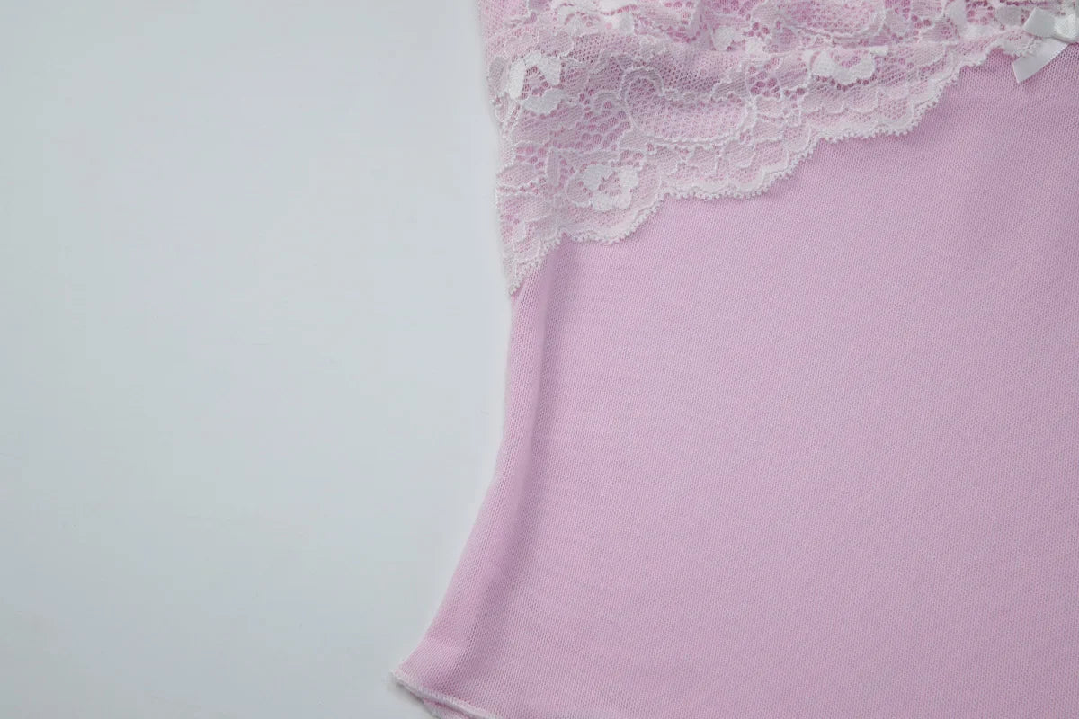FDYOUI Y2K Pink Camisoles Women Sexy V-neck Lace Patchwork Tank Tops 2026 Summer Backless Sleeveless Corset T-shirt Streetwear
