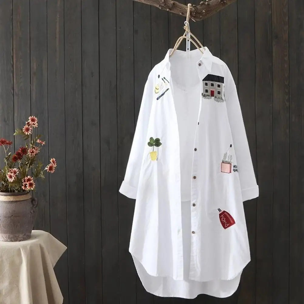 Women Mid Length Shirt Cartoon Embroidery Loose Irregular Hem Turn-down Collar Single-breasted Sun Protection Long Sleeves Top