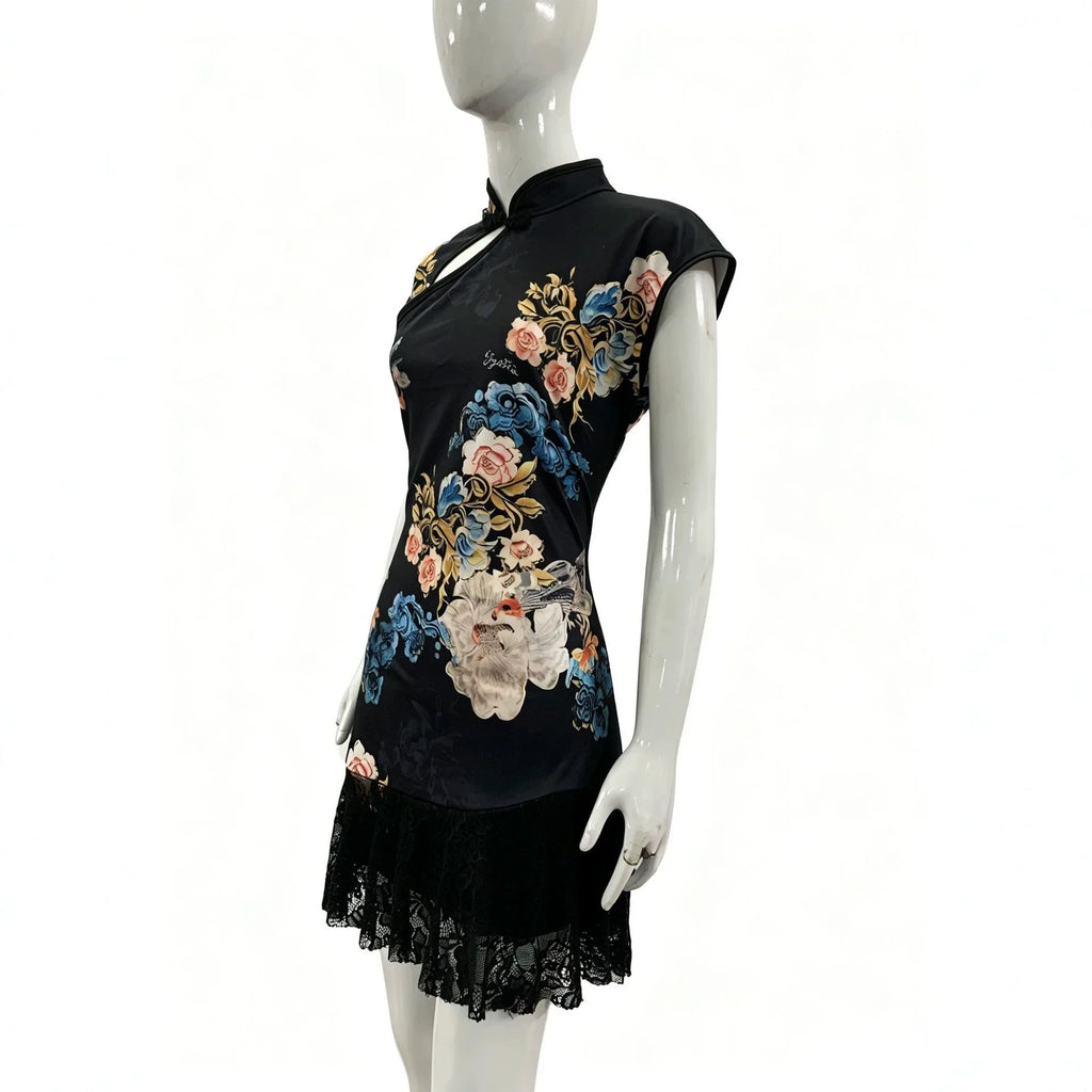 New Chinese style cheongsam hip-covering skirt Royal sister style tight lace national style printed fashion dress