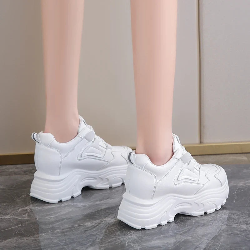 White Platform Women's Sneakers 2025 Autumn Lace-Up Thick Bottom Sports Shoes Woman Pu Leather Breathable Walking Shoes Female