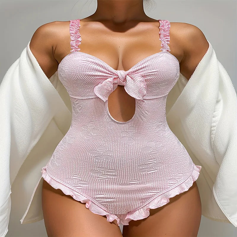 Light Pink One Piece Swimsuit for Women High Waist Hollow Out Ruffle Suspender Backless Monokini Bikini Beach Swimwear 2024 New