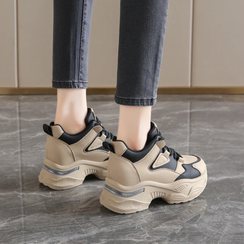 Chunky Platform Women Sport Sneaker Lace-Up Thick Bottom Vulcanize Shoes Woman Spring Autumn Pu Leather Breathable Running Shoes