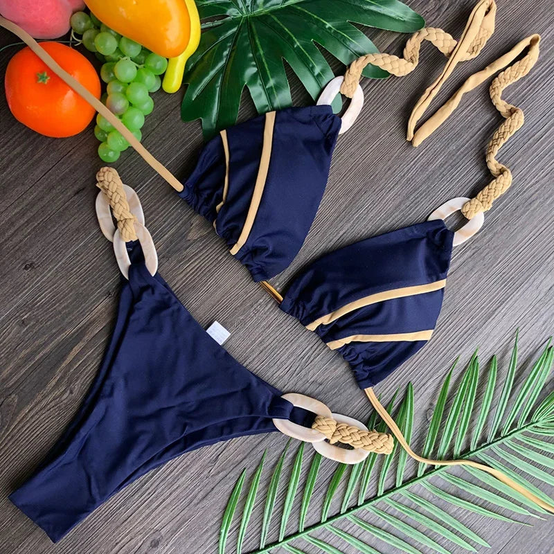 Splicing Halter Knitted Bikini Women Swimwear Female Swimsuit Two-pieces Bikini Set Brazilian Bather Bathing Suit Swim Beachwear