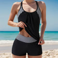 Women's Conservative 2 Piece Swimsuit Black Stripe Print Patchwork Tankini Bikini Set Suspender Cross Backless Bathing Suit 2025