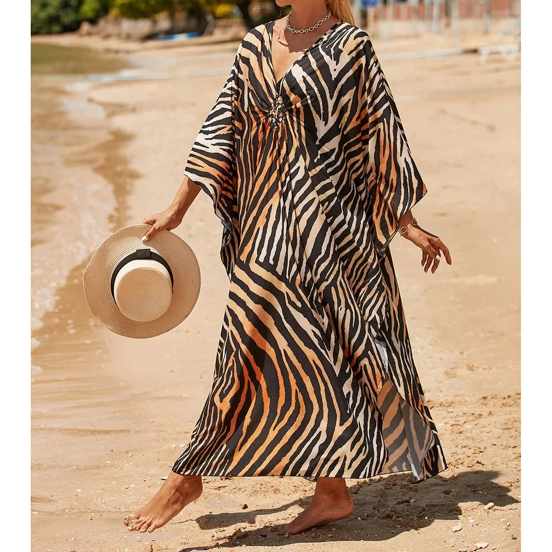 Sexy Zebra Printed V Neck Tunic Beach Cover Up Cover-ups Beach Dress Beach Wear Beachwear Beach Long Dress Female Women V4159