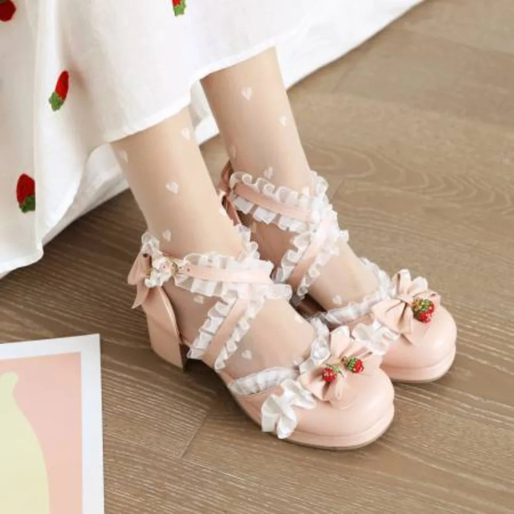 Cross Strap Women High Heels Mary Jane Pumps Wedding Party White Pink Lace Princess Lolita Single Sandals Shoes Large Size 31-48