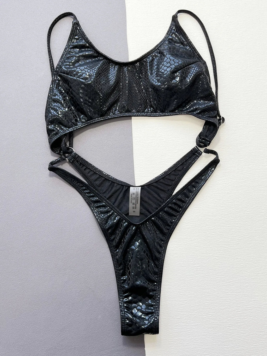 Women Black Snake Print Metallic Swimsuit One Piece Hollow Backless Bikini Swimwear Bathing Suit Beach Outfits Bodysuit Biquini