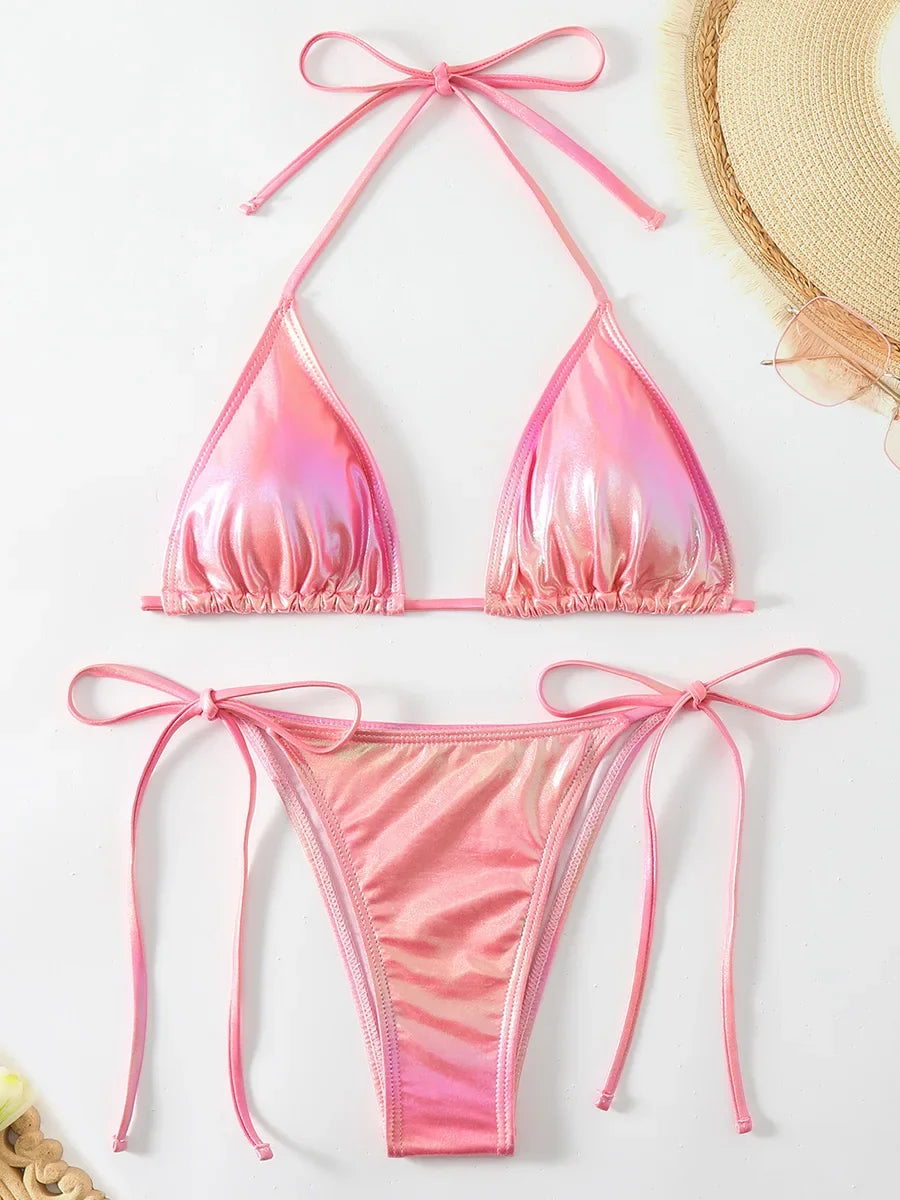 Sexy Shiny Pu Faux Leather Bikini 2025 Women Swimwear Female Swimsuit Two-pieces Bikini set String Bather Bathing Suit Swim Lady