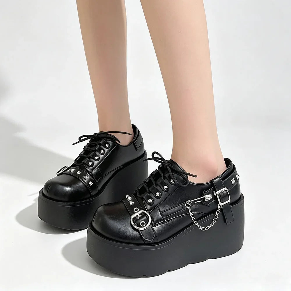 New Arrival Gothic Black Rivets Platform Creepers Shoes White Chain Decor Goth Creepers Chunky Lace Up Lolita Casual Shoes