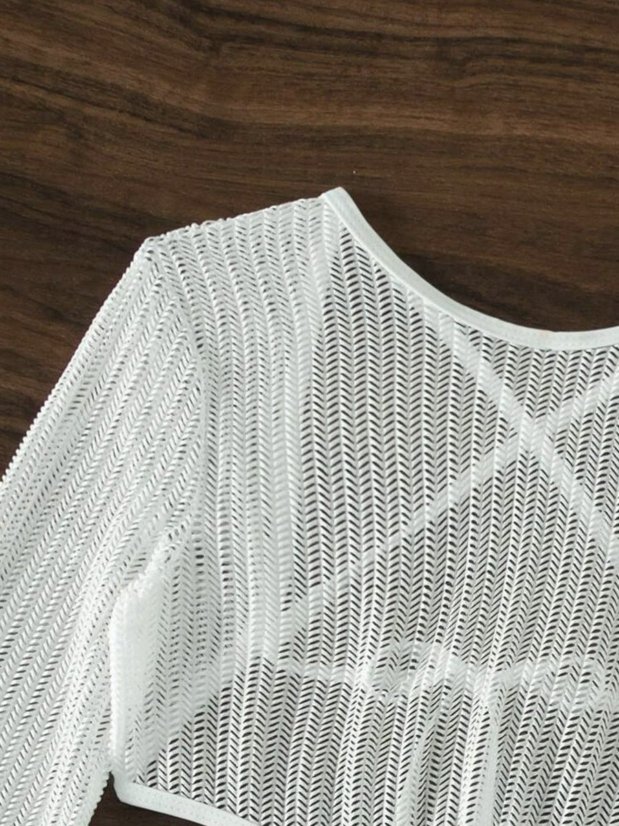 Mesh Sheer Long Sleeve Cover-Up Micro Bikini Female Swimsuit Women Swimwear Three-pieces Bikini Set Bathing Suit Swim Beach Wear
