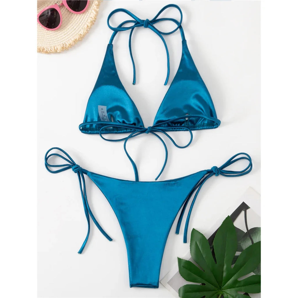 Sexy 13 Colors Halter Satin Brazilian Bikini Women Swimwear Female Swimsuit Two-pieces Bikini set Bather Bathing Suit Swim V4966
