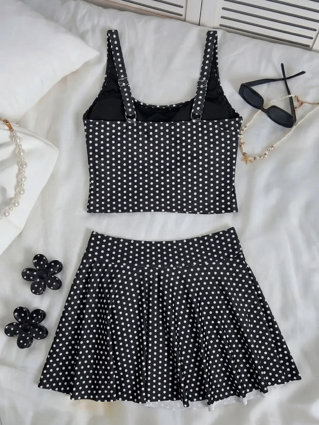 Vintage Black Polka Dot Print Tankini Set Women Push Up Tank Top Split Tie Skirt Two Piece Swimsiut 2026 Bathing Suit Swimwear