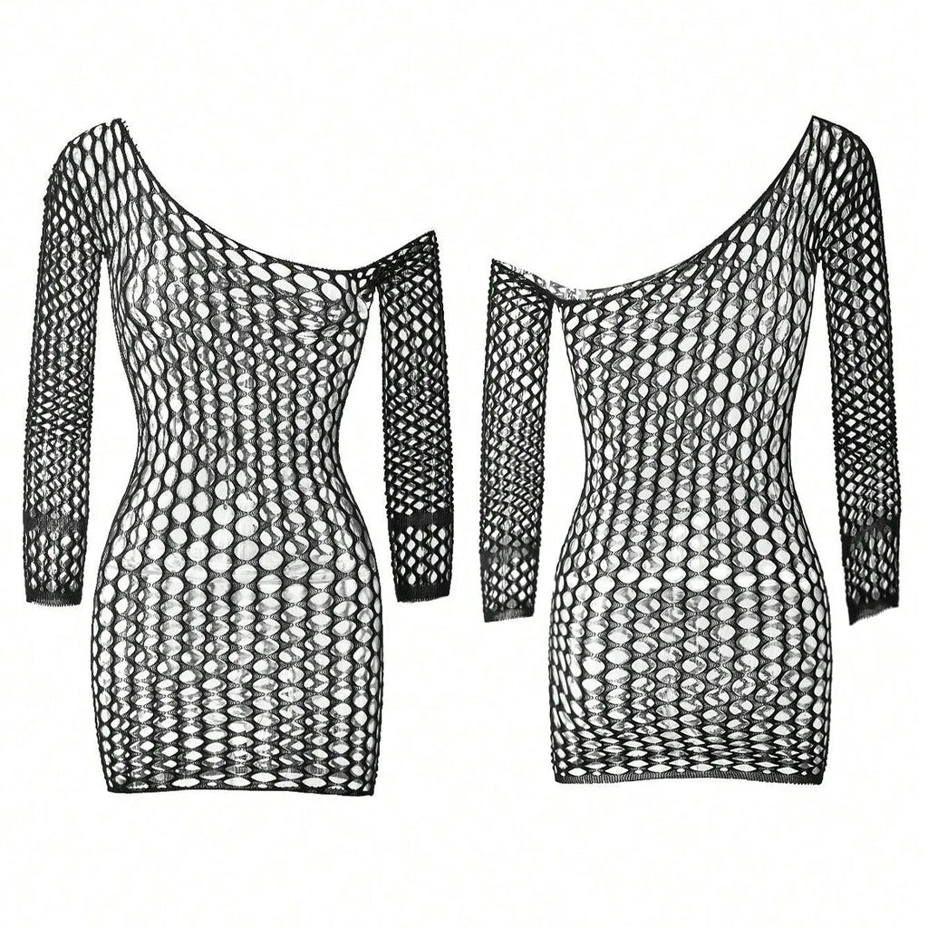 Women Fishnet Mini Sexy Dress Mesh Hollow Out Perspective Bodycon Underwear Dress Erotic Costume Crotchless Lingerie Sex Clothes