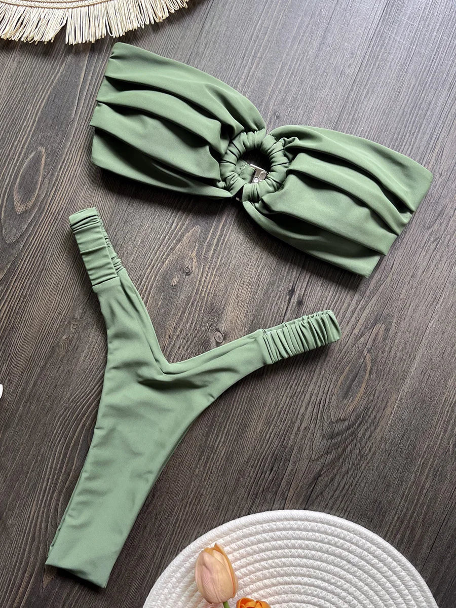 Wrinkled Bandeau High Cut Mini Thong Bikini Female Swimsuit Women Swimwear Two-pieces Bikini Set Bather Bathing Suit Swim Lady