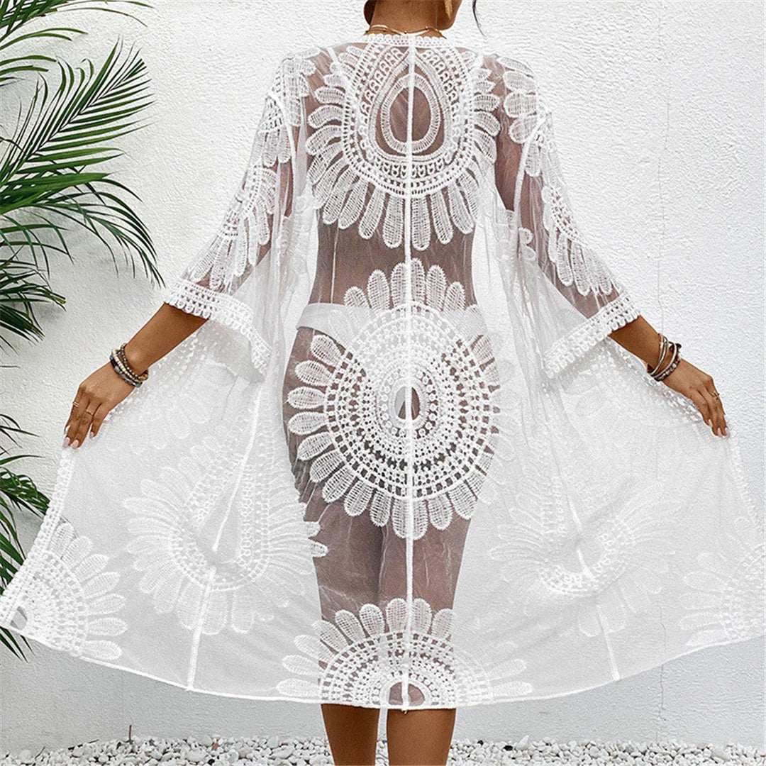 Sexy Embroidery Half Sleeve Chiffon Cardigan Tunic Beach Cover Up Cover-ups Beach Dress Beach Wear Beachwear Female Women V5510