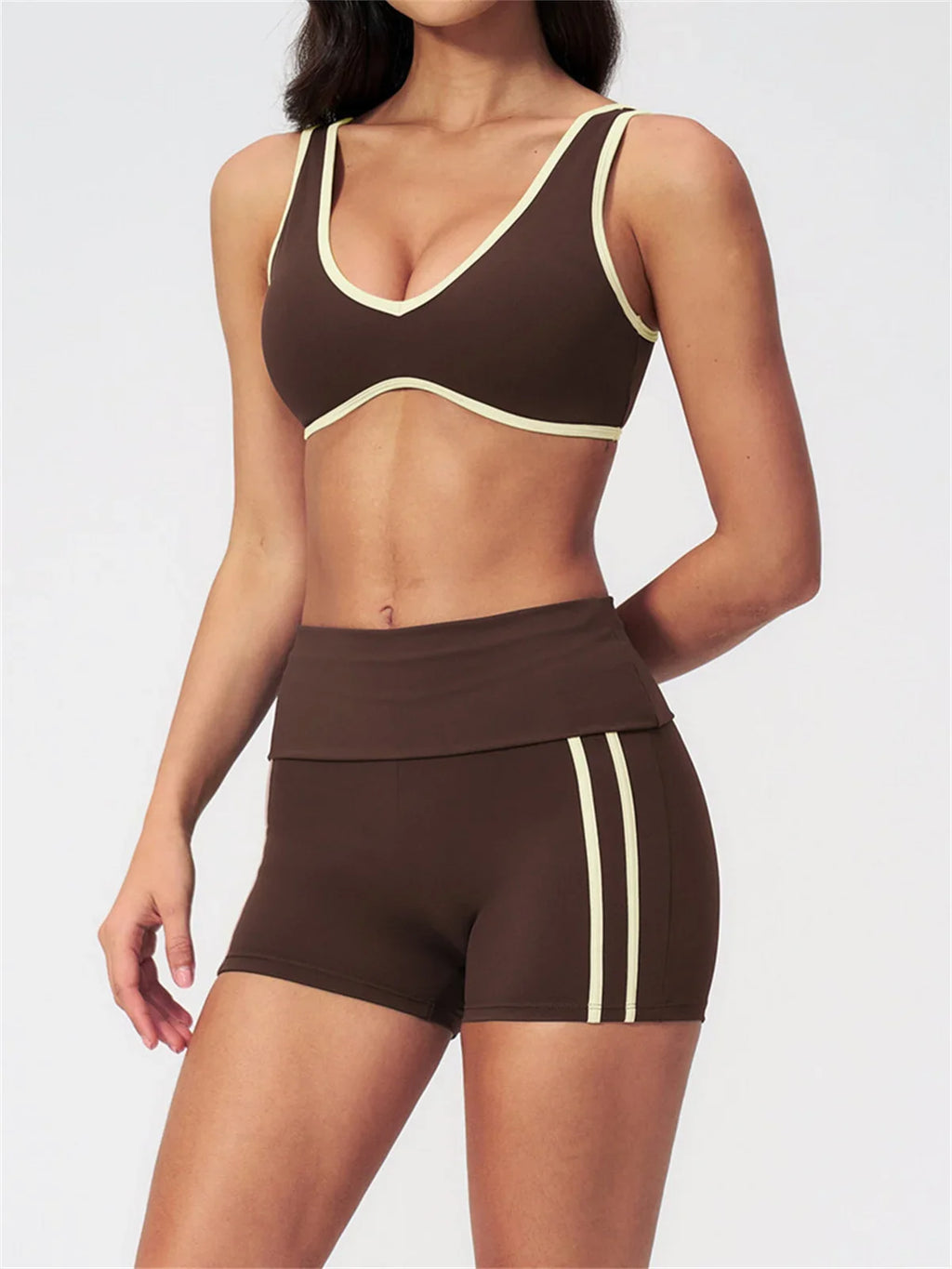 Tight Color Contrast Yoga Suit 2 Pieces Women V Neck Sports Bra Pleate High Waist Shorts Gym Running Fitness Suits Tracksuit