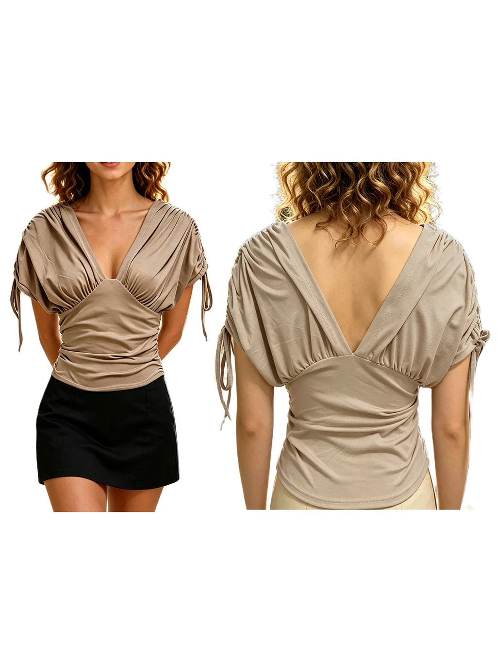 Womens Summer Solid Color Drawstring Tops Casual Stylish Ruched Slim Fit Short Sleeve T-shirts