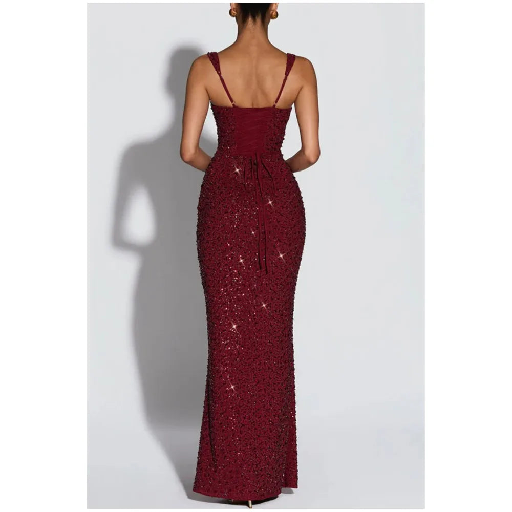 Women's Sequin Maxi Dress Burgundy Square Neck Sleeveless Bodycon Evening Gown Formal Party Prom Cocktail Mermaid Long Dresses