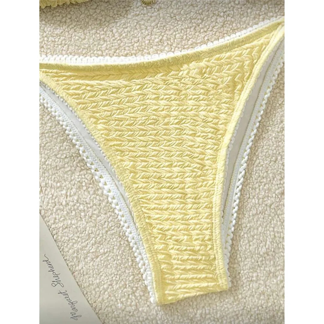 High Cut Leg Two-Pieces Bikini Set Bather Bathing Suit Swim Wrinkled Crinkled Halter Bikini Women Swimwear Female Swimsuit M125