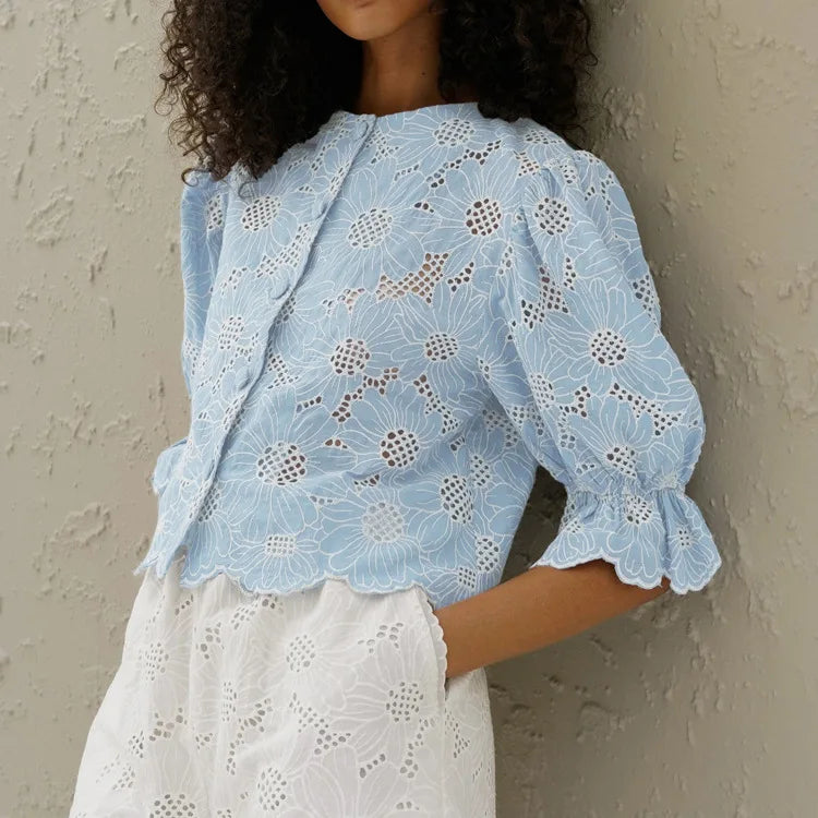FFDYOUI Woman Clothing Embroidered Shirts Blue High Green Ladies O-neck Single Breasted Half Sleeve Cropped Tops Fashion Shirt
