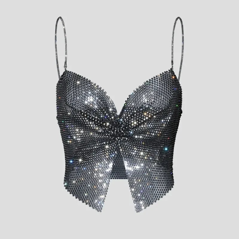 Toucheart Sexy Bow Knot Rhinestones Perspective Suspender Bra For Women Sexy Hottie Fishing Slit Lining Sleeveless Backless Bra