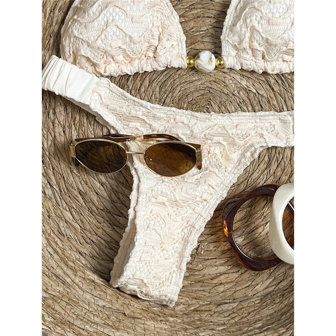 2026 Wrinkled Crinkled Halter Bikini Women Swimwear Female Swimsuit Padded Bather Bathing Suit Swim Two-pieces Bikini set K8135