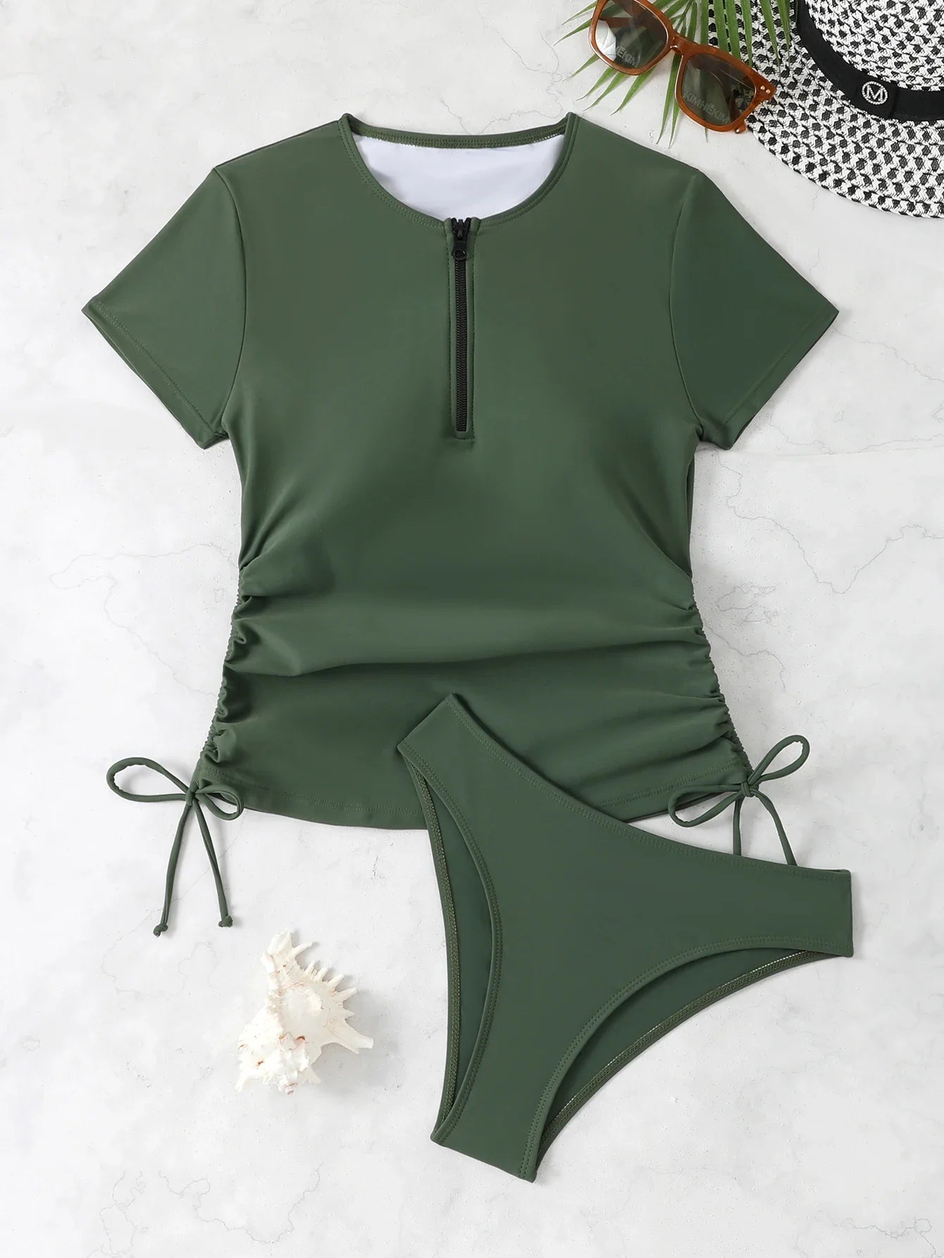 Short Sleeves Two Pieces Swimsuit Women Tankini 2026 Black Zipper Swimwear Female Beach Wear Bathers Bathing Swimming Swim Suit