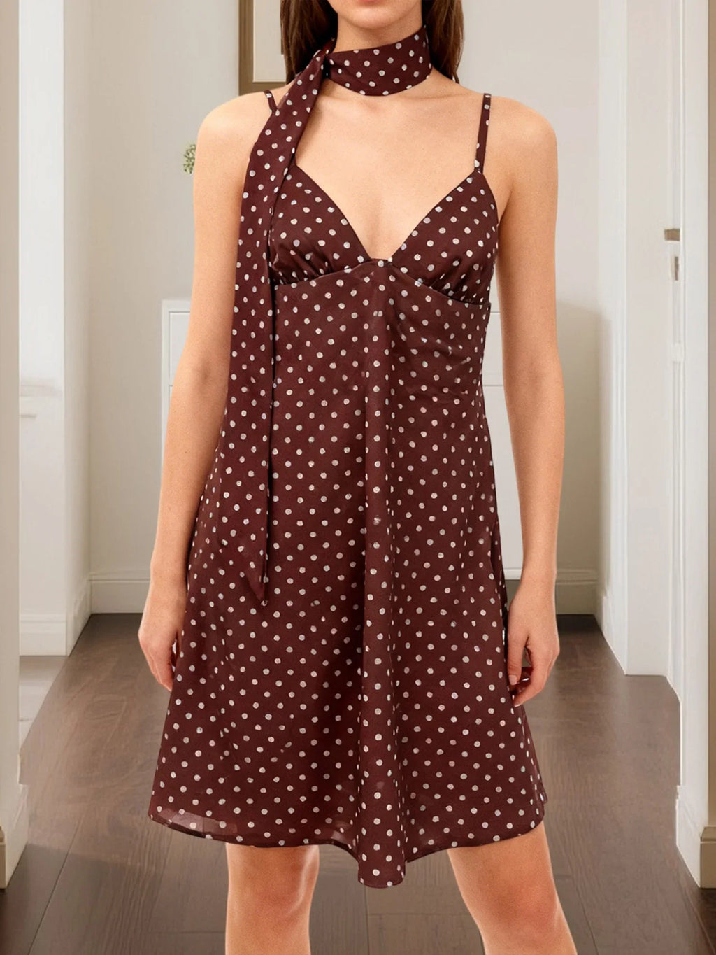 Women's Summer Mini Cami Dress A Line Stylish Dot Print Backless V Neck Spaghetti Strap Dresses with Scarf