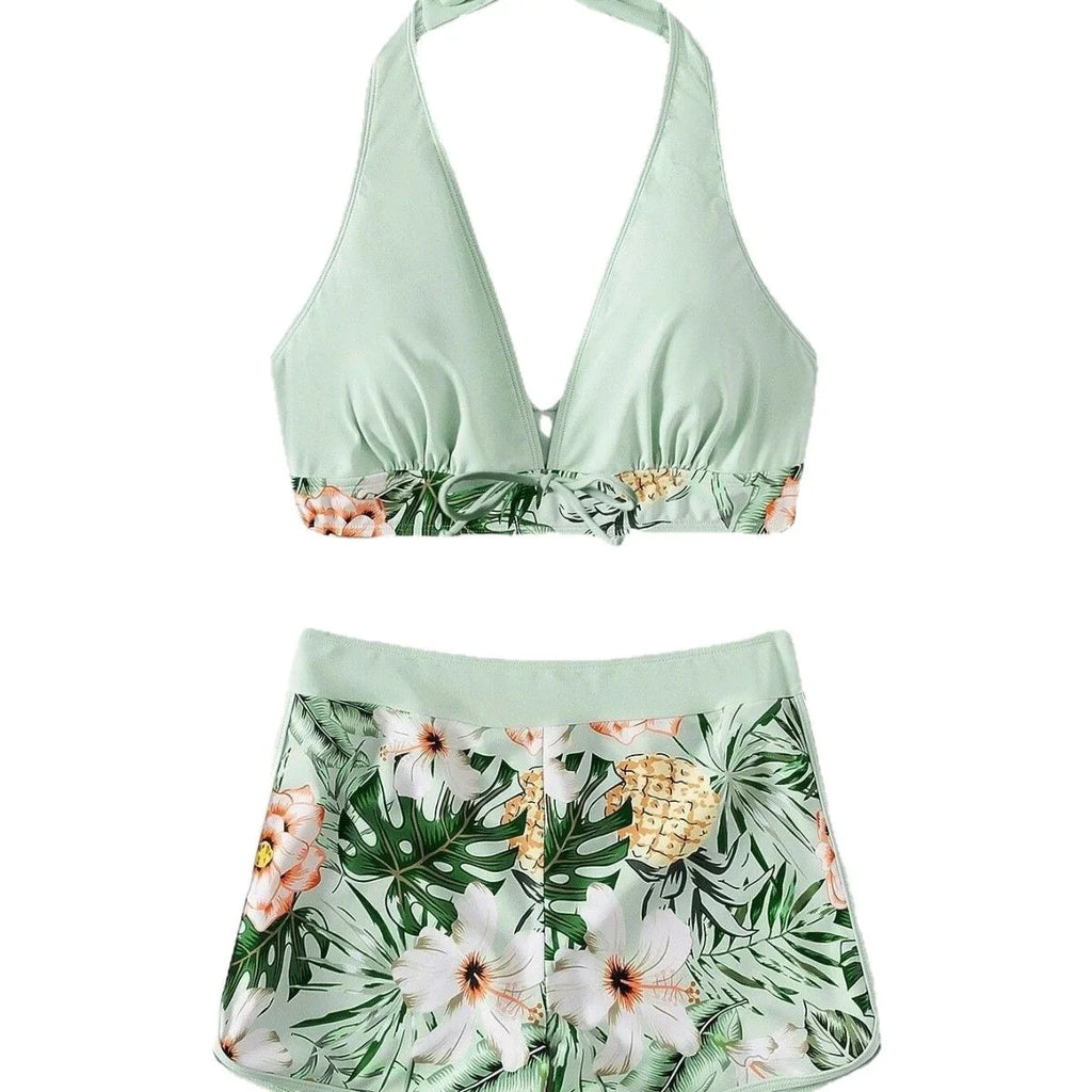 2026 Summer Women's Print Patchwork Swimsuit Sexy Deep V Neck Back Lace-up Swimwear High Waist Shorts Tankini Bathing Suit Beach