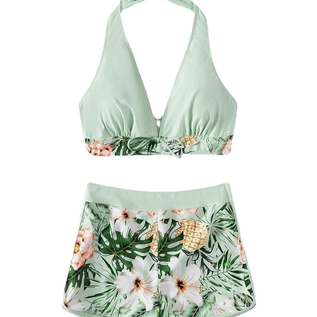 2026 Summer Women's Print Patchwork Swimsuit Sexy Deep V Neck Back Lace-up Swimwear High Waist Shorts Tankini Bathing Suit Beach