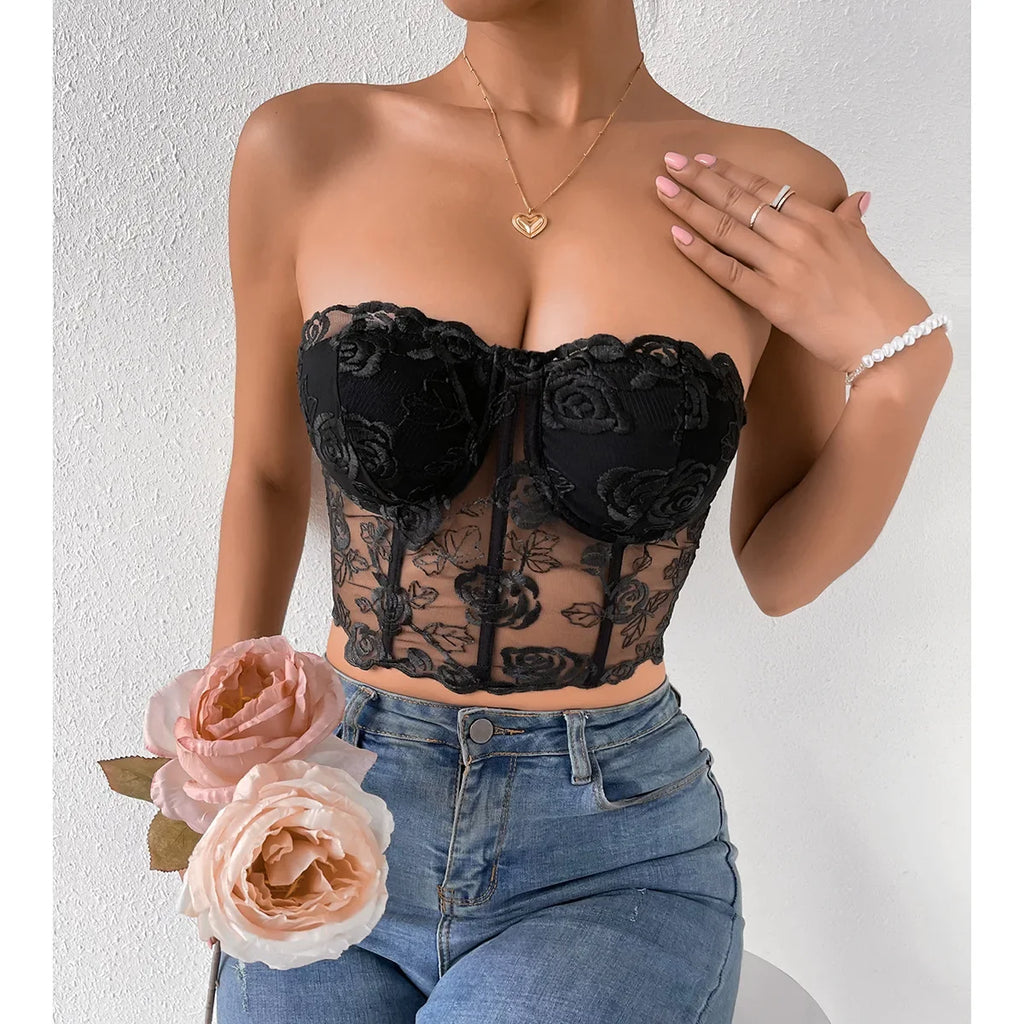 Phantasy Sexy Lace See through Crop Top Women Fashion Floral Embroidery Black Tank Top Night club Dress up 2026 Summer Outfit