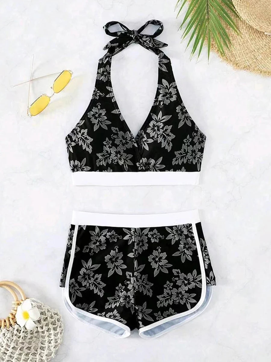 2026 Halter Sporty Bikinis Printed Swimsuit Women High Waist Shorts Swimwear Female Bathers Bathing Swimming Swim Suit Beachwear