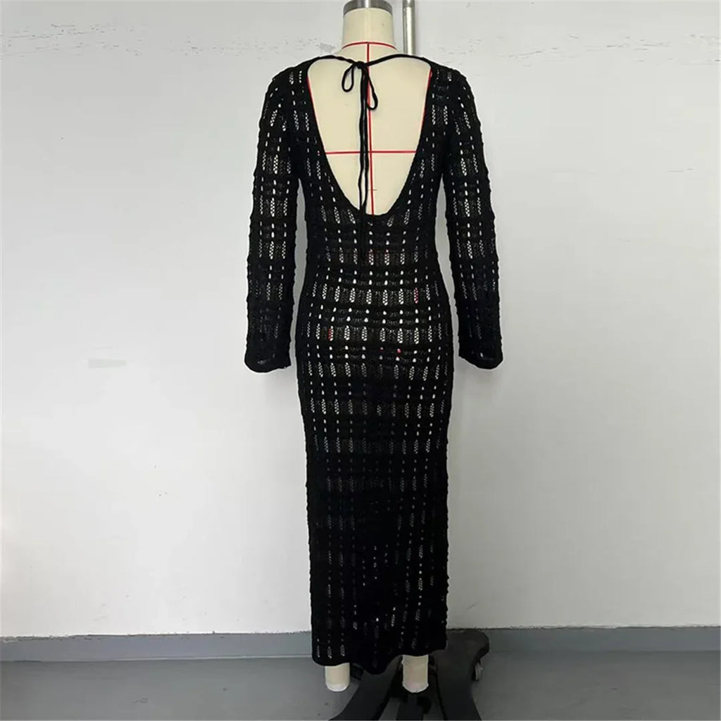 2025 Hollow Out Long Sleeve Backless Knitted Tunic Beach Cover Up Cover-ups Beach Dress Beach Wear Beachwear Female Women K6597