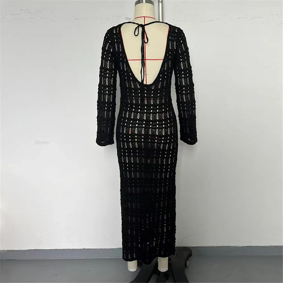 2025 Hollow Out Long Sleeve Backless Knitted Tunic Beach Cover Up Cover-ups Beach Dress Beach Wear Beachwear Female Women K6597