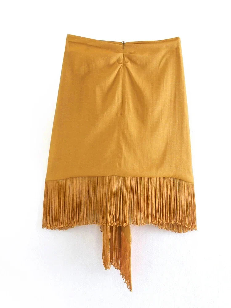 Foridol High Waist Bodycon Tassel Mini Skirt Women Summer Spring Irregular Slit Brown Short Bowknot Skirt Ladies Bottoms Brown