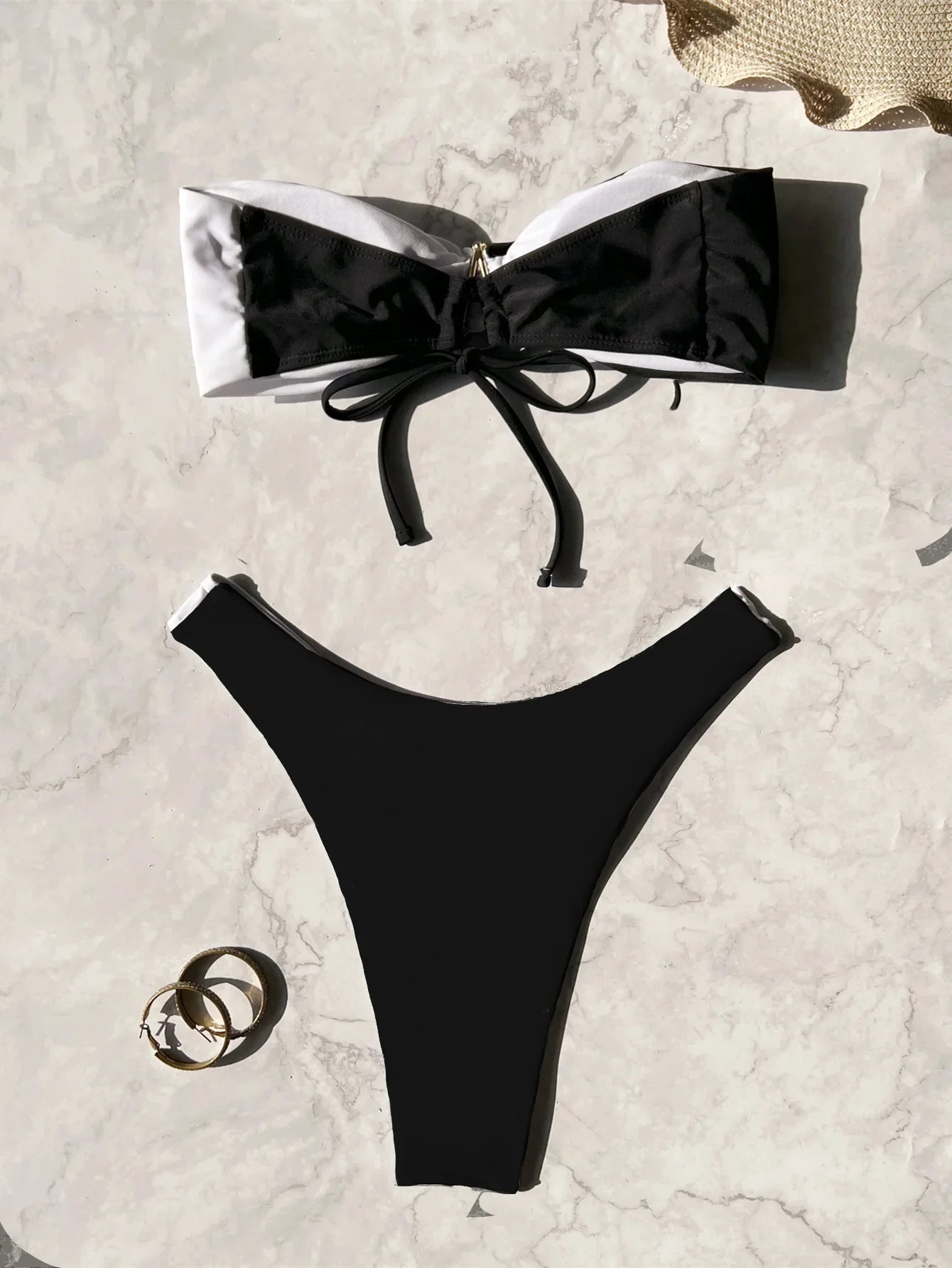 sexy metal starfish patchwork bandeau bikinis sets two pieces back tie thong swimsuits bathing suit swimwear tankini biquini