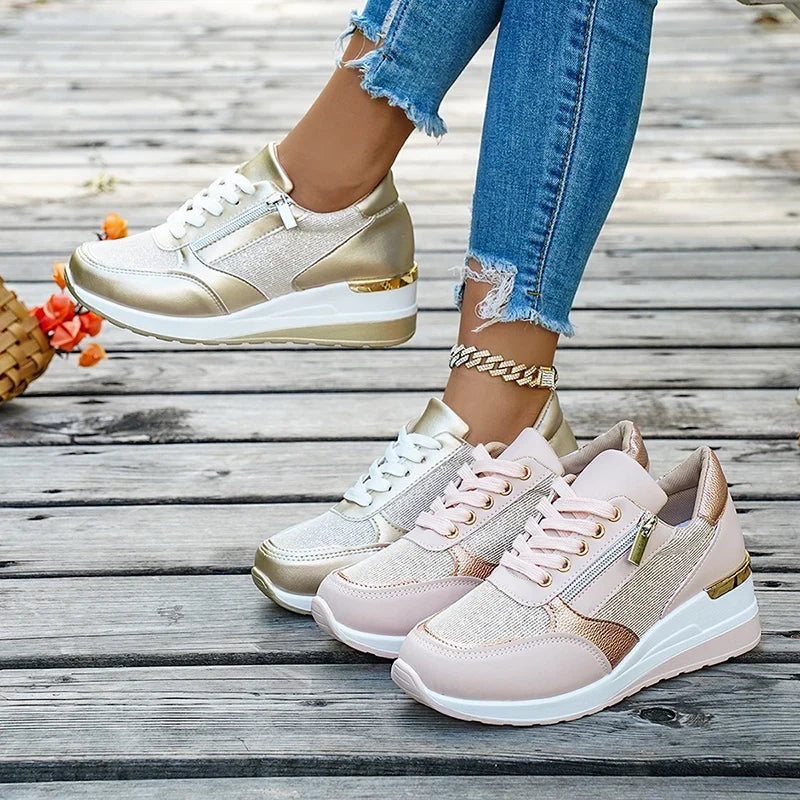 Plus Size 44 Wedges Sneakers Women Fashion Pink Gold Lace Up Platform Sports Shoes Woman Non Slip Thick Bottom Vulcanized Shoes