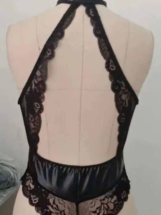 Sexy Underwear Pu Patent Leather Lace One-piece Clothes For Pure Sexy Seductive Women Rompers Clothing Body Suits Tops 21MX