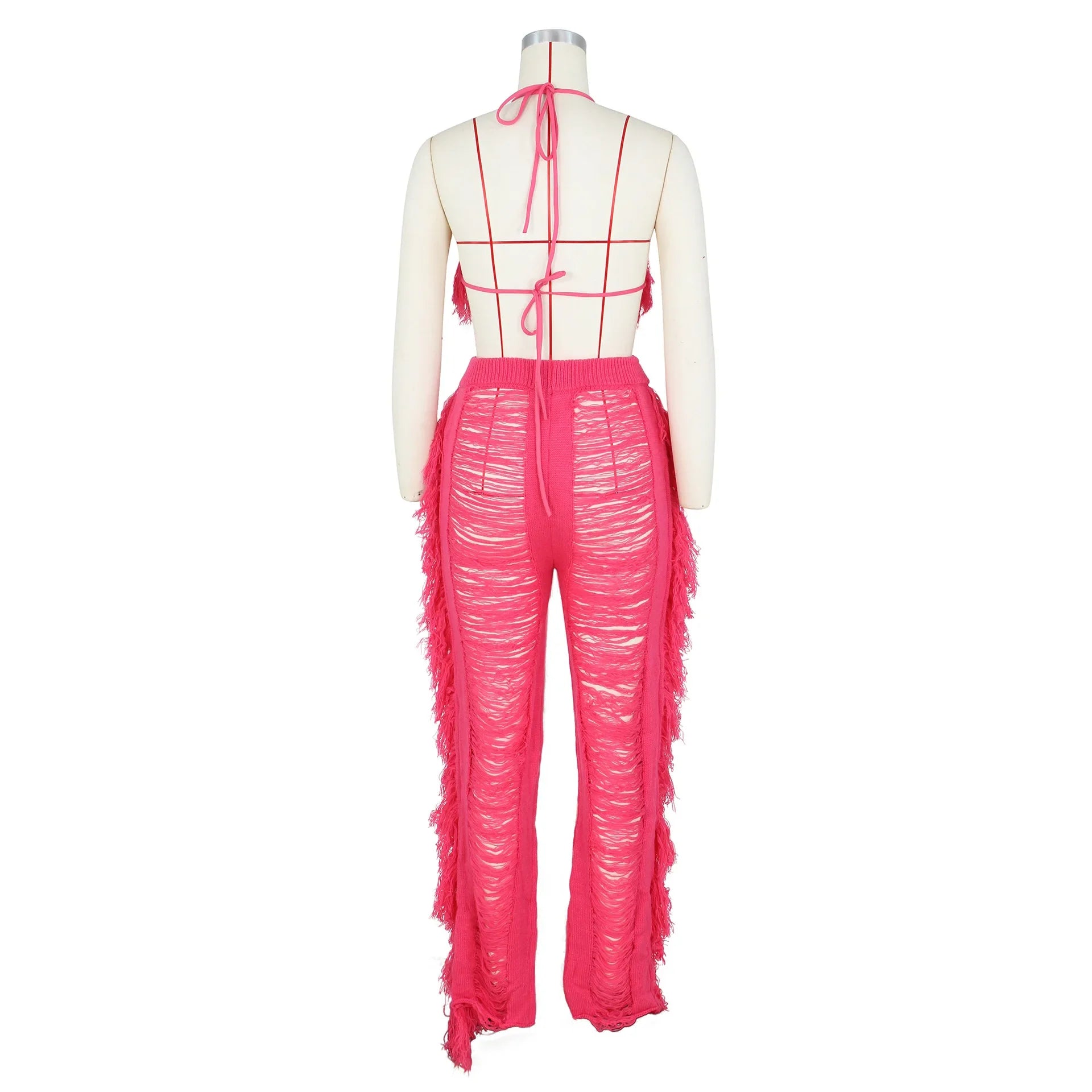 DEKAWomen Tassel Pants Knitted Bra Top Bikini Set Swimsuit Handemade Crochet Bikini Cover Up Tassel Beach Long Wrap Pant