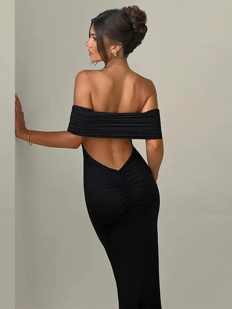Temperament Slim Strapless Long Dress Women Solid Color Sexy Off-shoulder Backless Package Hip Sleeveless Club Party Dresses