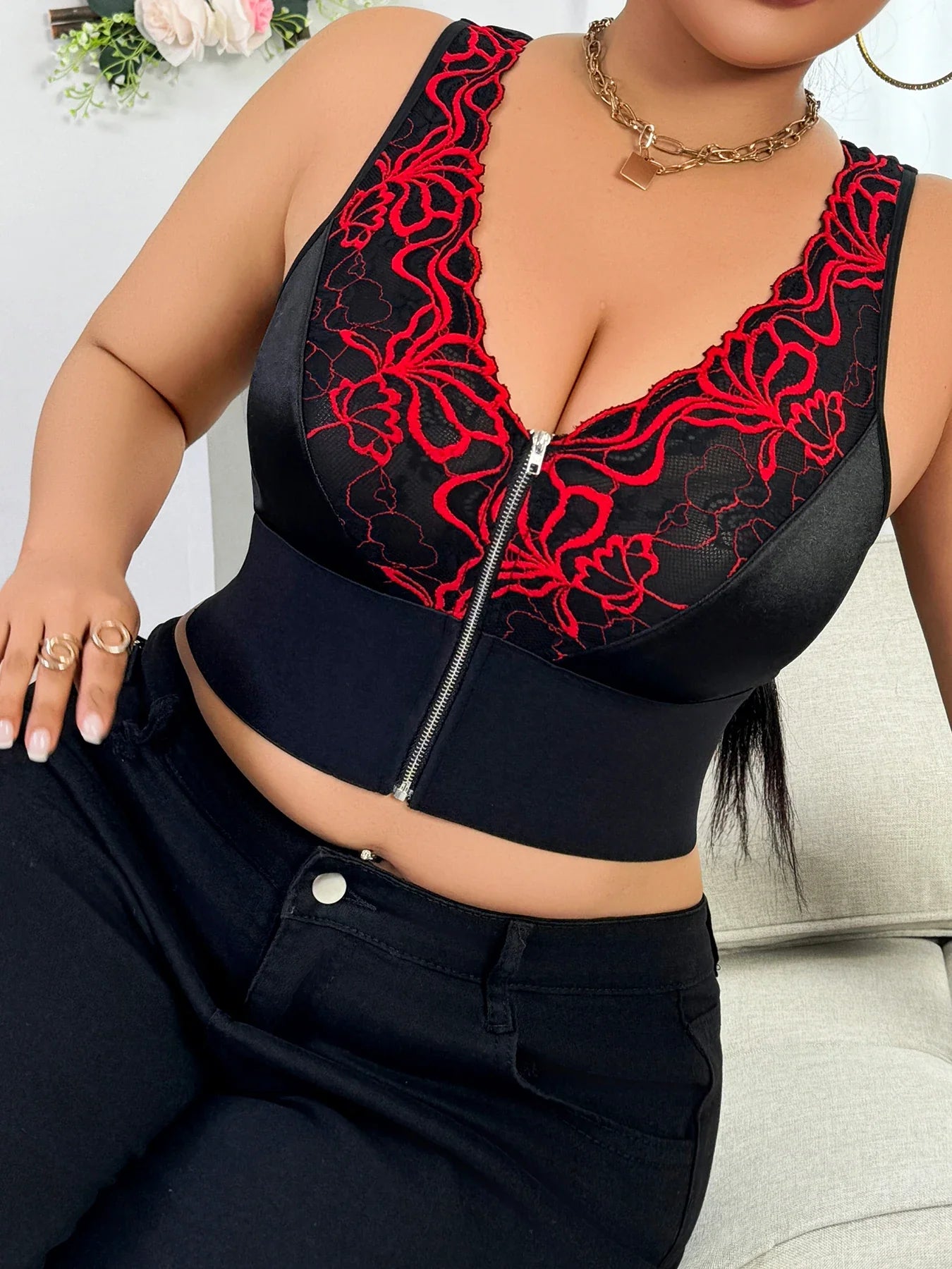 Plus Size Baddie Lingerie Set, Embroidered Zipper Front Deep V Wireless Push-up Bra