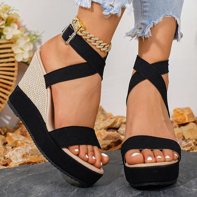 Black Wedges Gladiator Sandals Women 2026 Summer Ankle Wrap Platform Sandles Woman Plus Size 42 Chunky High Heeled Sandals Mujer