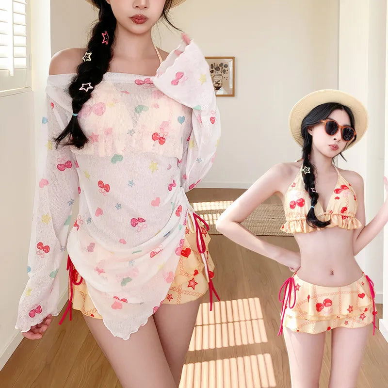 Sweet Vacation Bikini Set 2026 Women Long Sleeve Drawstring Cover Ups Pleate Short 4 Piece Swimsuit Beach Bathing Suit Swimwear