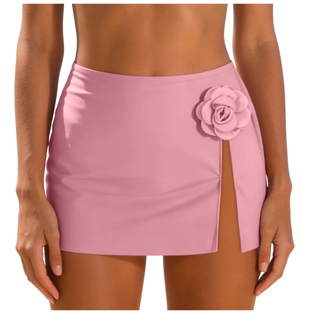 Women Black Swim Skirt 3D White Flower High Waist Side Slit Bikini Cover Up Skirts Beachwear Summer Vacation Beach Swimsuits