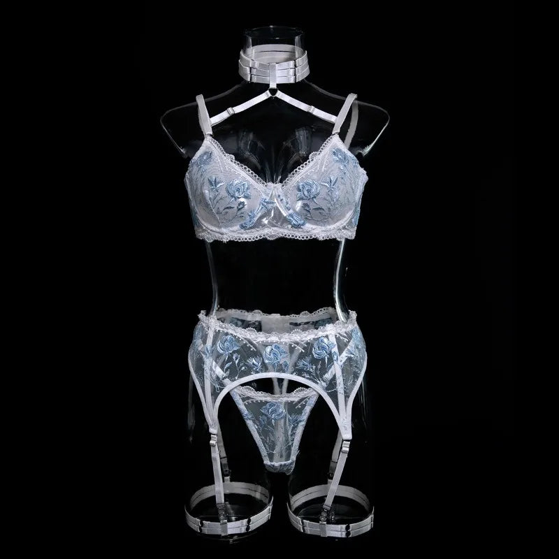 Toucheart Sexy Lingerie Set Lace Patchwork Embroidery Bra Set For Women Perspective Sexy Hanging Neck Underwear Garter Stockings