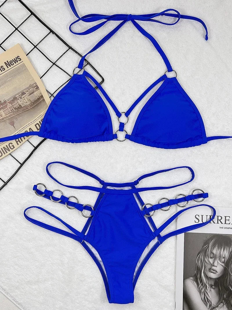 2025 Sexy Halter Strappy Metal Rings Bikini Women Swimwear Female Swimsuit Two-pieces Bikini set High Cut Bathing Suit Swim Lady