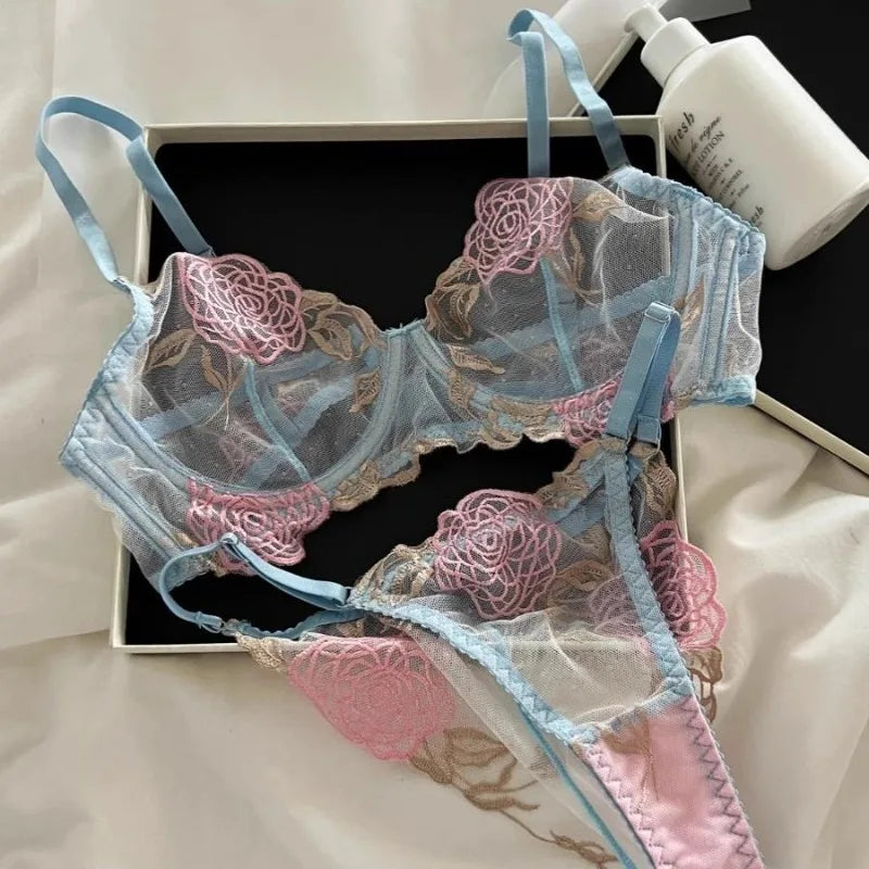 Pure Desire French Lace Bra Set Rose Embroidery Minimizer Wireless Comfort Support Full Bust Anti Sagging Breathable No Show USA