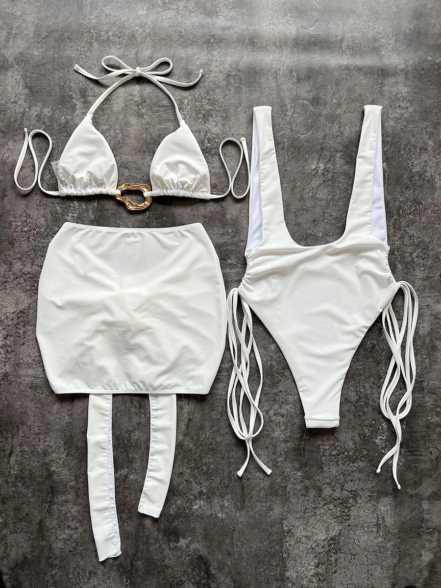 With Skirt Halter Metal Ring Bikini Women Swimwear Female Swimsuit Three-pieces Bikini Set Tassel Bathing Suit Swim Beachwear