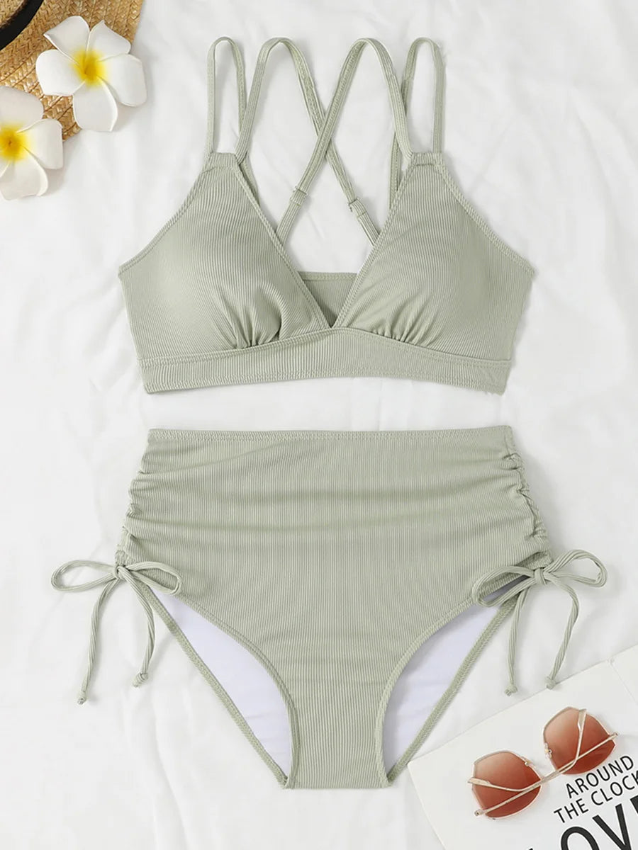 2026 Strappy Triangle Bikinis Women Sexy Swimwear Female High Waist Swimsuit Solid Bathers Bathing Swimming Swim Suit Beachwear