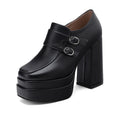 Plus Size Double Row Small Buckle Side Zipper Square Toe Double Layer Platform High Thick Heel Women's Pumps Shallow High Heels